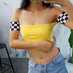 Yellow off the shoulder racer crop top